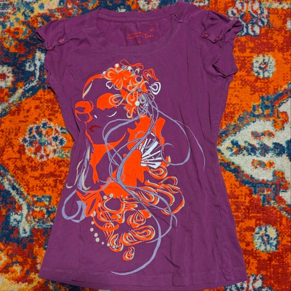 Y2k Purple And Orange Button Sleeve Shirt